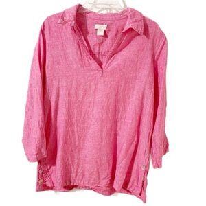 St. Tropez West Linen Pointed Collar Tunic Top Side Vents Mother of Pearl Button